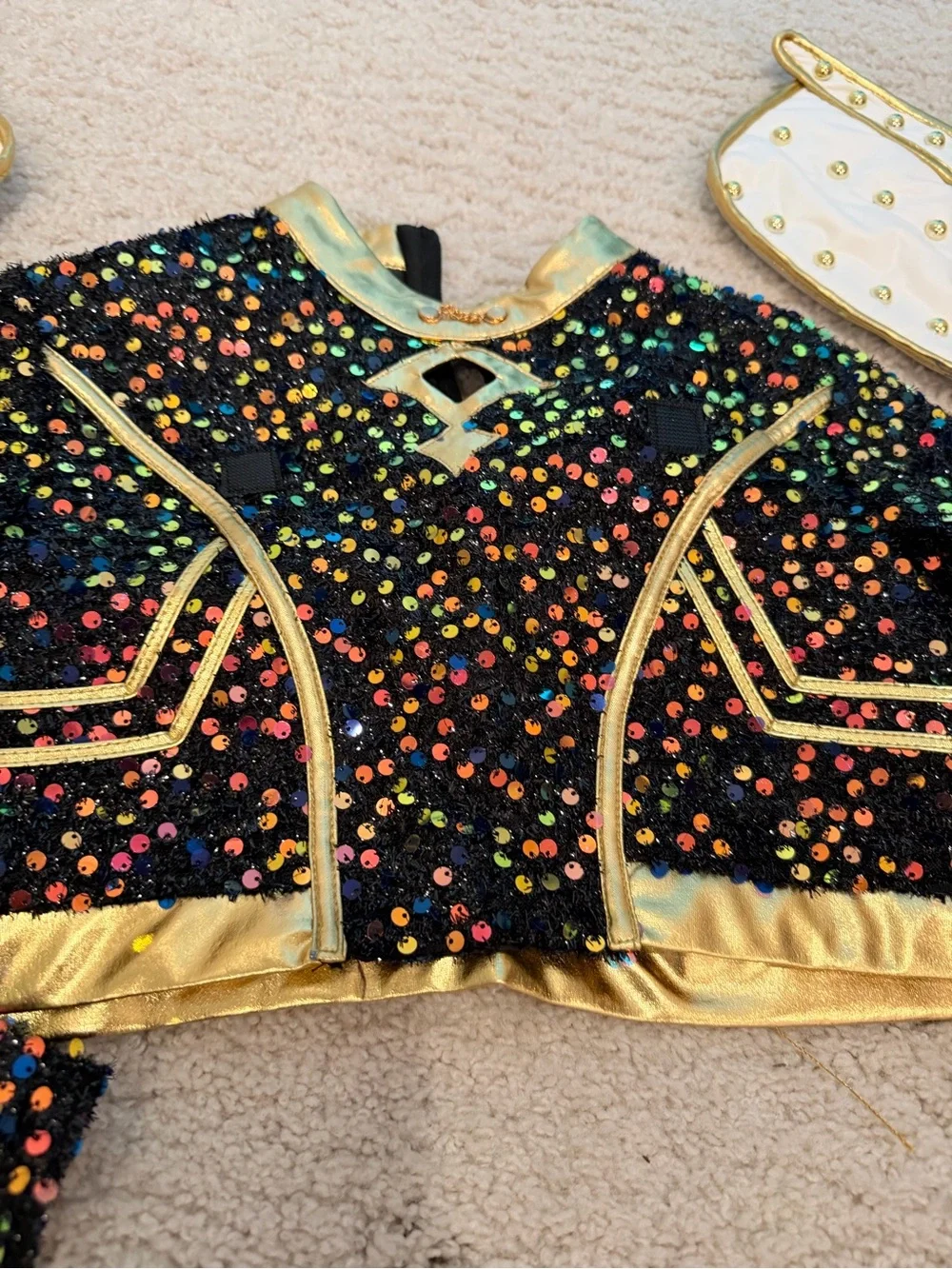 Gold-Trim Black sequin cropped Jacket with Kpop demon hunters